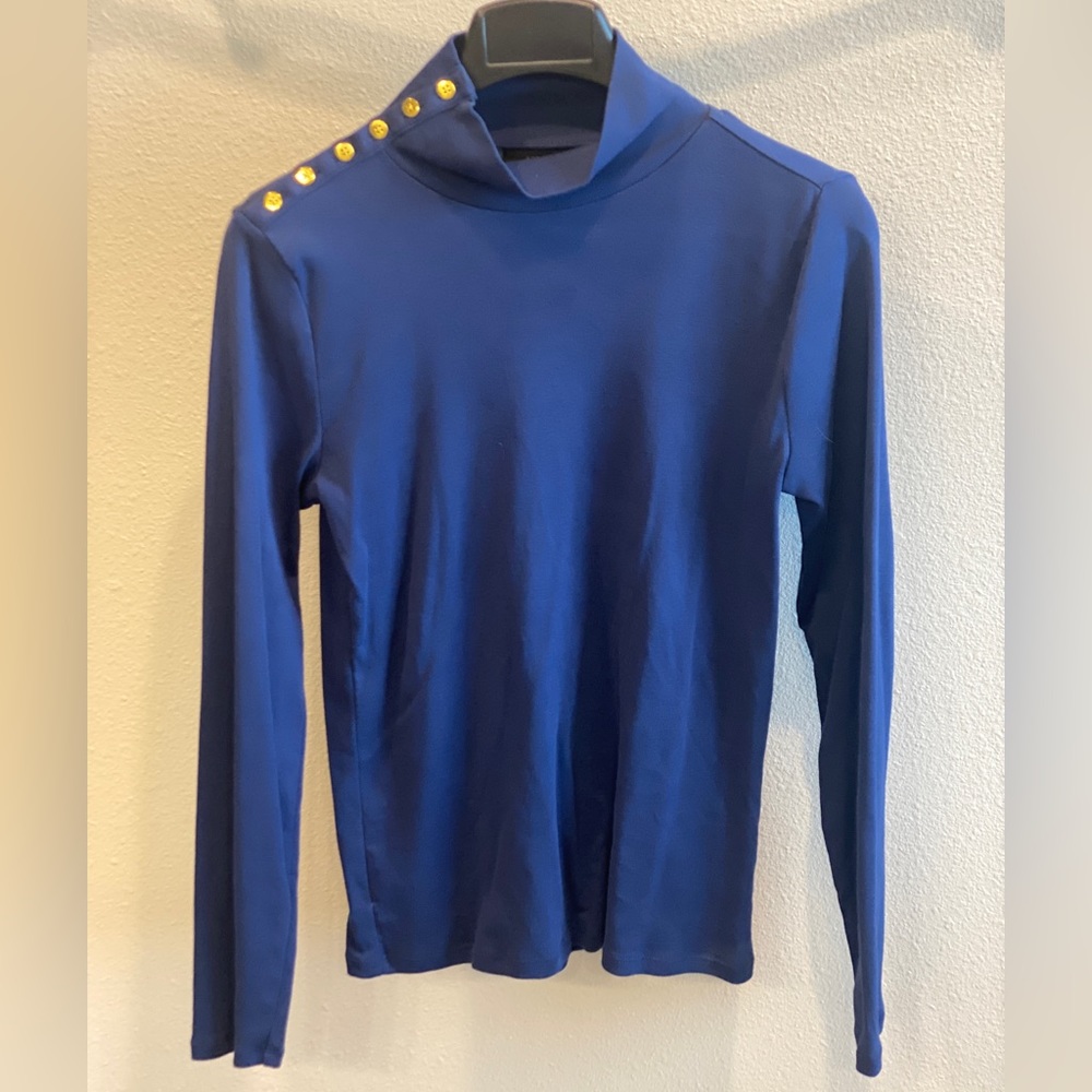 NWT J. Crew Blue Turtleneck with Gold Buttons Sz L. MSRP $49.50.